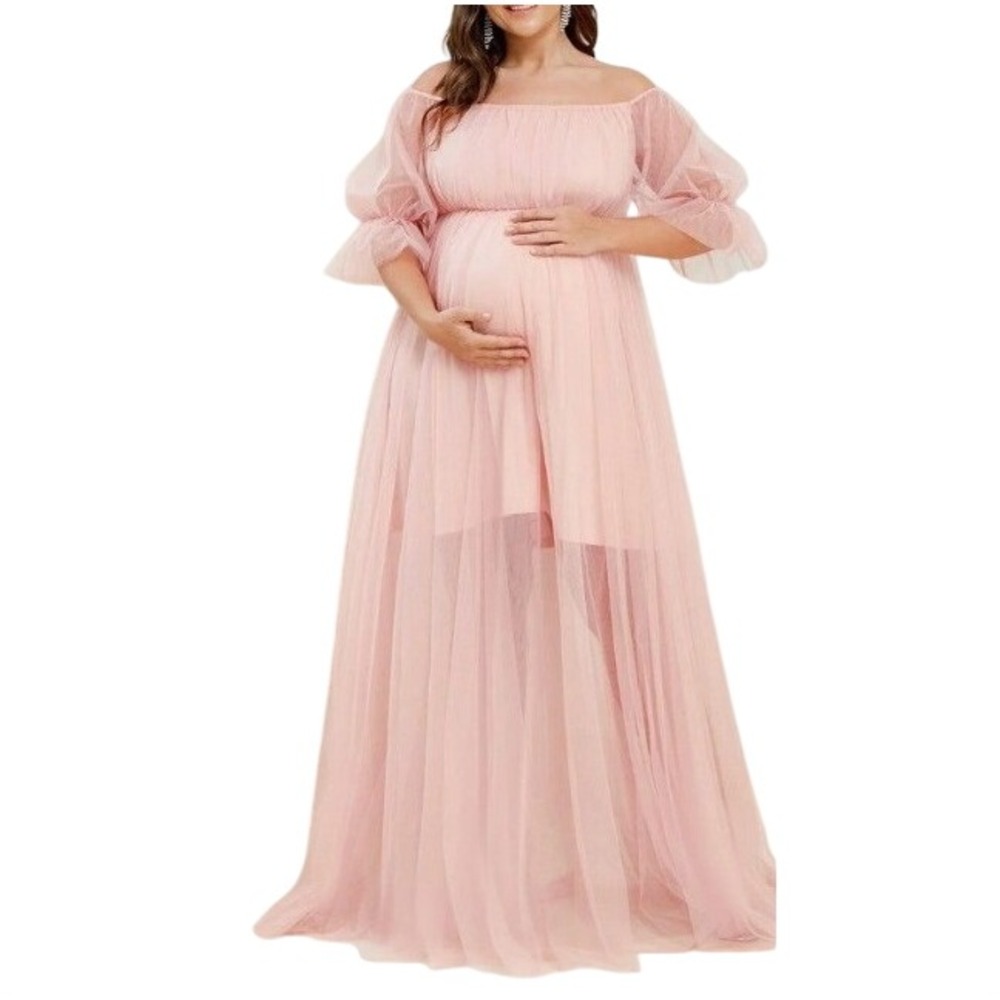 Ever Pretty Tulle Maxi Maternity Dress XXL Pink Off Shoulder Sheer Mesh Formal